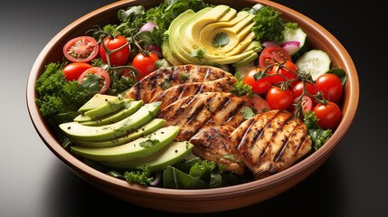 Grilled chicken and fresh vegetable salad of tomatoes, avocado, lettuce and spinach. The concept of healthy food and detoxification.