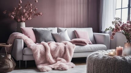view a living room with white sofa, pink pillows, fur and woolen blankets near fireplace. Scandinavian interior design.