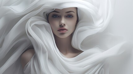 Portrait of a beautiful woman wrapped in corrugated white cloth. Beauty, fashion.
