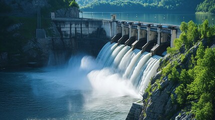 Portrait a large dam with water flowing out. Hydroelectric power plant background. - obrazy, fototapety, plakaty