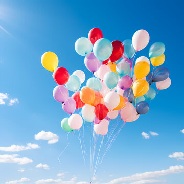 Colorful balloons released into a clear blue sky.
