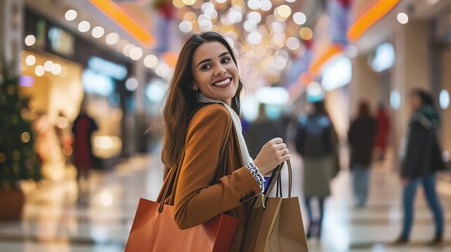 A smiling happy woman shopping with holding bags walks through the mall