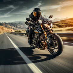 Obraz na płótnie Canvas Dynamic shot of a motorcyclist on an open road. 