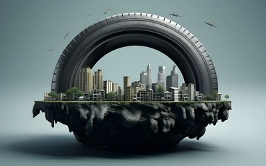 city town on car wheels tire, creative tire ad design.