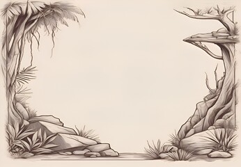 Fototapeta na wymiar Tree and stone jungle pencil sketch illustration