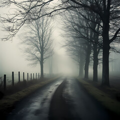 Foggy morning on a tranquil countryside road.
