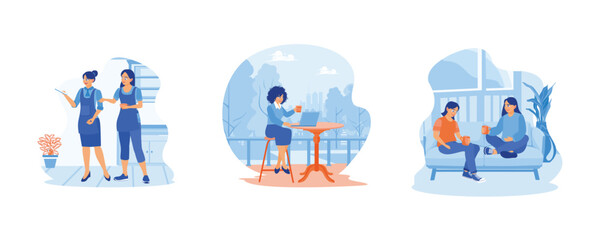 Fototapeta premium A cheerful female coworker is standing and smiling in a casual coffee shop. Happy young woman sitting outdoors with a laptop and coffee. Two women relaxing on sofa with hot drinks in new home. Women R