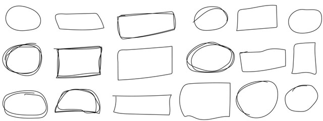 Set of hand drawn circle and square sketch doodle grunge highlights background. Vector of freehand circle, square round scrawl frames. Charcoal pen round ovals. Hand drawn pen lines doodle sketches.