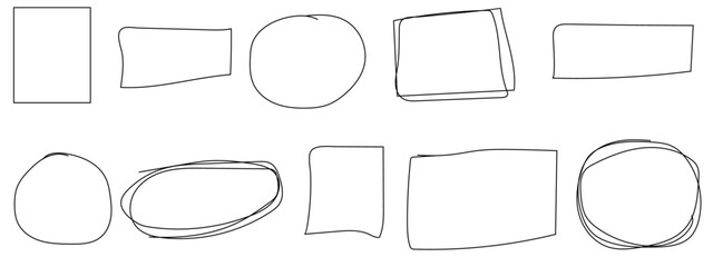 Set of hand drawn circle and square sketch doodle grunge highlights background. Vector of freehand circle, square round scrawl frames. Charcoal pen round ovals. Hand drawn pen lines doodle sketches.