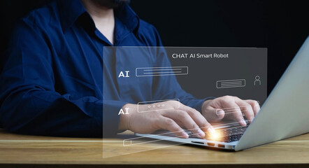 Ai technology, businessman show virtual graphic Global Internet connect Chat with AI, Artificial...