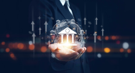 Hand holding a debt rate, hand hold increase percent icon, debt increase, interest burden, interest rate rise, Federal Reserve or central bank raising policy, monetary percentage concept