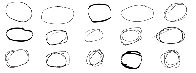 Set of hand drawn circle sketch doodle grunge highlights background. Vector of freehand circle round scrawl frames. Hand drawn pen lines doodle sketches circle lines.