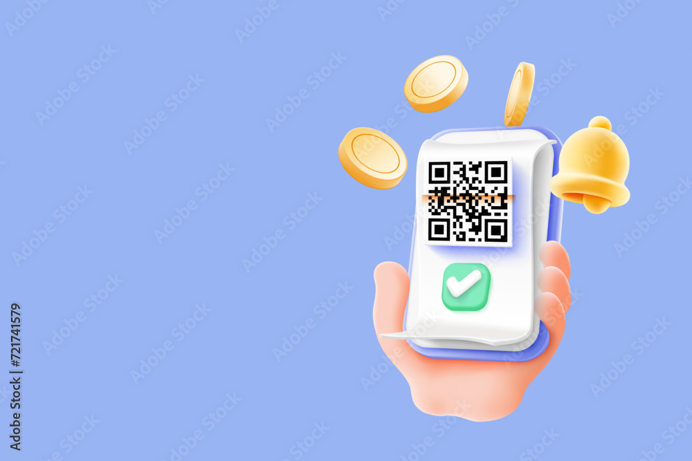 Poster 3d vector, scan qr code and pay with mobile phone. cartoon hand using smartphone scan qr code pay bi