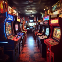 Retro arcade with classic video game cabinets. 