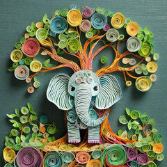 cute elephant under a tree made of colorful quilling paper art