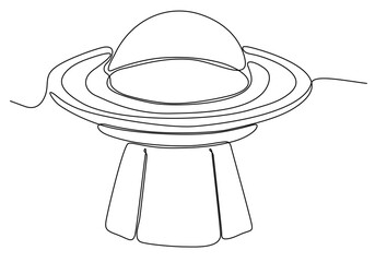 One continuous line drawing of minimal hand UFO flying in the sky, shining a beam to the ground. Single hand drawn doodle line art isolated
