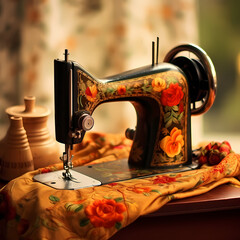 Vintage sewing machine with fabric and thread.