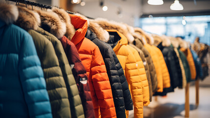 assortment of winter jackets and down jackets on store hangers elective focus. - obrazy, fototapety, plakaty