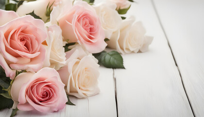 Pink Roses on white wooden table.