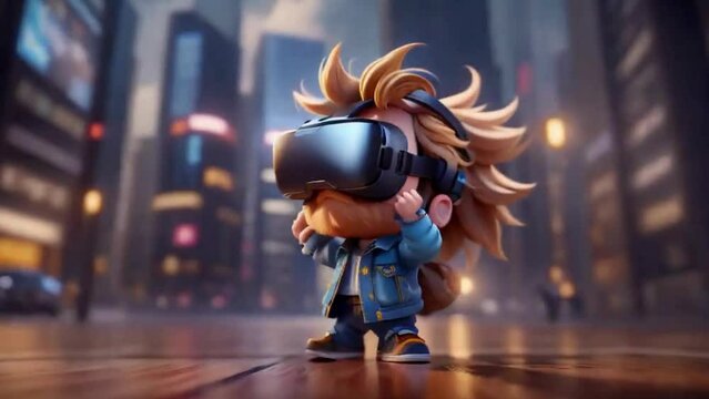 man wearing vr set, virtual reality technological animated changing illustration, looping cartoon animatio