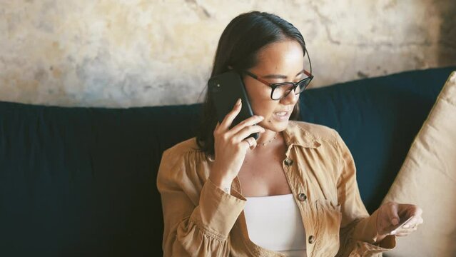 Phone call, credit card and woman in home, online shopping and conversation for payment. Smartphone, debit and Asian person talking for digital banking, ecommerce and financial technology on internet