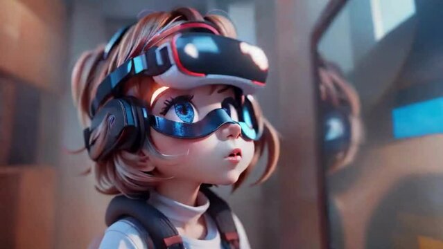 young girl wearing a vr set, virtual reality technological animated changing illustration, looping cartoon animation