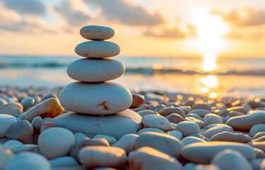 Balanced pebble pyramid silhouette on the beach with the ocean in the background. Zen stones on the sea beach, meditation, spa, harmony, calmness, balance concept  - obrazy, fototapety, plakaty