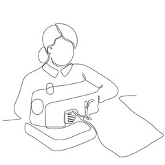 continuous single line drawn woman sewing behind hand drawn sewing machine silhouette. Art line. Woman Sewing Silhouette Illustration Woman sitting with sewing machine isolated
