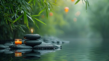 Create a tranquil atmosphere with a backdrop of a bamboo forest. and the quiet waterfront Enhance the atmosphere with candles, spa stones, and spacious layouts. By contrasting with the warm, natural b