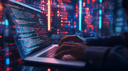 Close up of man hands working, data scientist working on laptop with cybersecurity programming code.