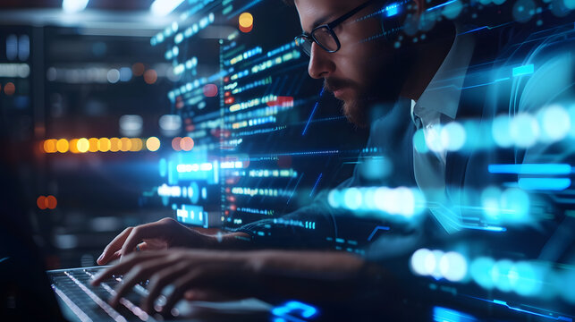 Close up of man hands working, data scientist working on laptop with cybersecurity programming code.