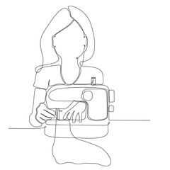 continuous single line drawn woman sewing behind hand drawn sewing machine silhouette. Art line. Woman Sewing Silhouette Illustration Woman sitting with sewing machine isolated
