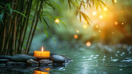 Create a tranquil atmosphere with a backdrop of a bamboo forest. and the quiet waterfront Enhance the atmosphere with candles, spa stones, and spacious layouts. By contrasting with the warm, natural b - obrazy, fototapety, plakaty