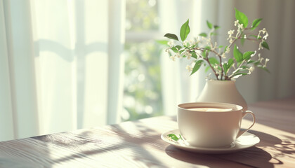 Coffee cup and branches in a vase on a light background, morning living room