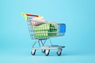 a shopping basket and shopping items in the basket, realistic