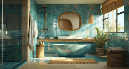 a beach house bathroom with blue tile and an oversized mirror