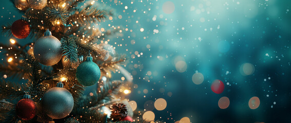 Fototapeta na wymiar Decorated Xmas tree, festive holiday ornaments, sparkling Christmas decorations, blurred shiny lights, holiday season celebration, festive tree with baubles, Christmas festive background.