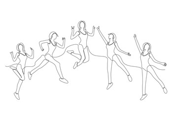 A group of women jumping looking happy and enjoying their life continuously drawing one line minimalism design. Conceptual metaphor design simplicity vector illustration.