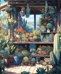 Fototapeta na wymiar Whimsical Respite: Silent Corners Bloom with Colorful Cactus and Succulent Plants in the Forgotten Ambiance of an Abandoned Hut