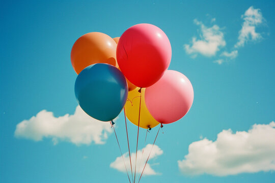 Colorful Balloons Soaring High in a Clear Blue Sky