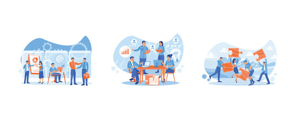 Working together in partnership. Diverse entrepreneurs take part in business activities. Teamwork to achieve success. Team communication concept. Set flat vector illustration. - obrazy, fototapety, plakaty