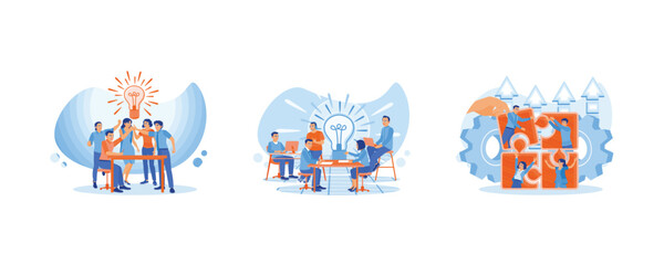Brainstorming. Team of business people working together in the company. Teamwork to find solutions. Team communication concept. Set flat vector illustration. - obrazy, fototapety, plakaty