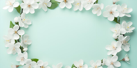 Spring frame banner, branches of blossoming fruit tree on blue.