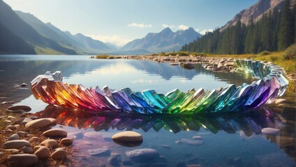 A flute made of crystal, casting rainbows around a serene lake as it's played Generative AI - obrazy, fototapety, plakaty