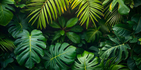 Fototapeta na wymiar Botanical palm, big leafy monstera leaves tropical plants backdrop background for a silde, wallpaper, Lush Tropical Foliage - Exotic Monstera and Palm Leaf Background