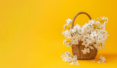 White flowers in a wicker basket on a yellow background. Place for text