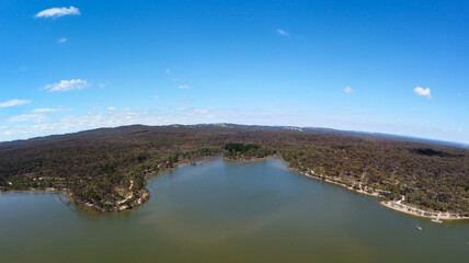 Aerial view of Crusoe Reservoir in Bendigo, Victoria, Australia is a popular destination for cycling, swimming, walking, jogging and fishing, the image in panorama.