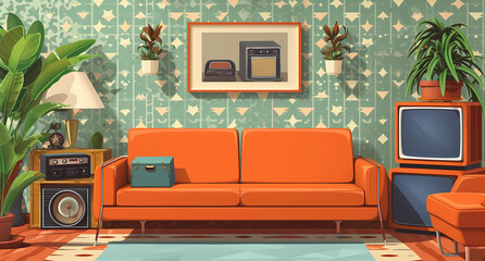 a living room with a traditional orange leather couch