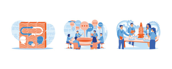 Brainstorming. People are sitting and talking in the office. A group of people has a project to create digital internet communication. Team communication concept. Set flat vector illustration.