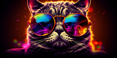 On a Colorful Background, a Cat Wearing Sunglasses Looks Cool.  - obrazy, fototapety, plakaty